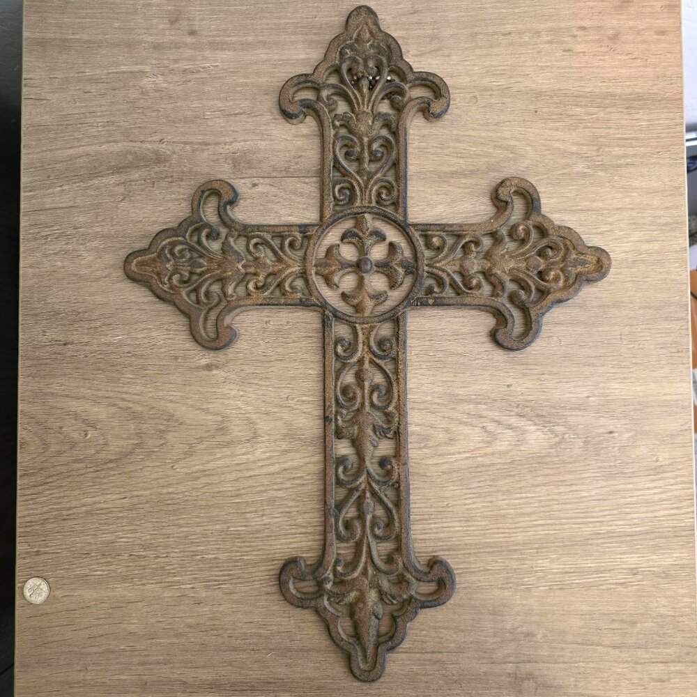 Cast Iron Hanging Cross Scrollwork Rustic Brown Finish Religious Heavy - Picture 5 of 10